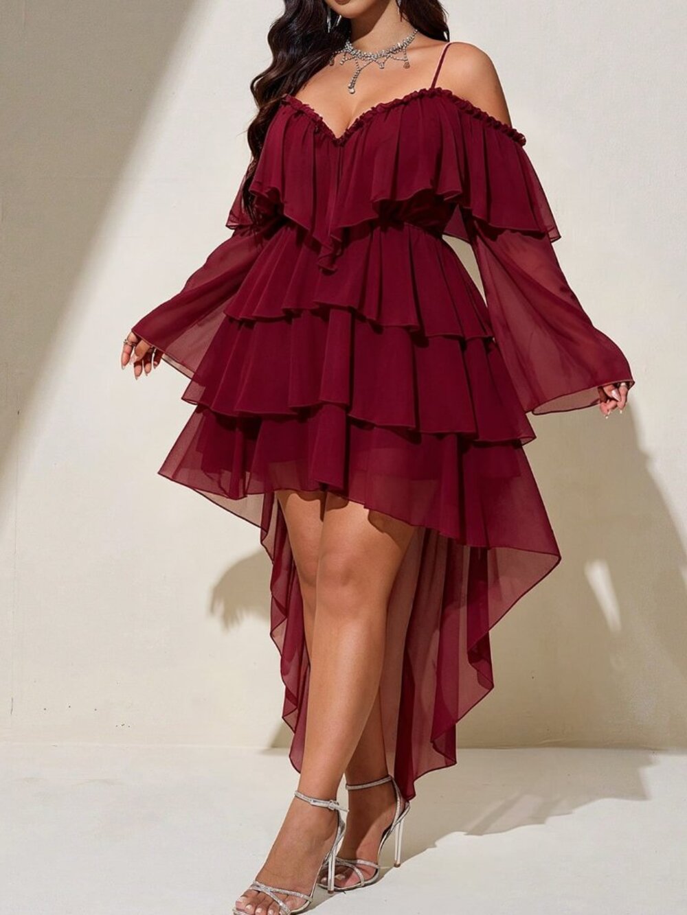Burgundy Party Women's Plus Size Cold Shoulder High Waisted A-Line Dress